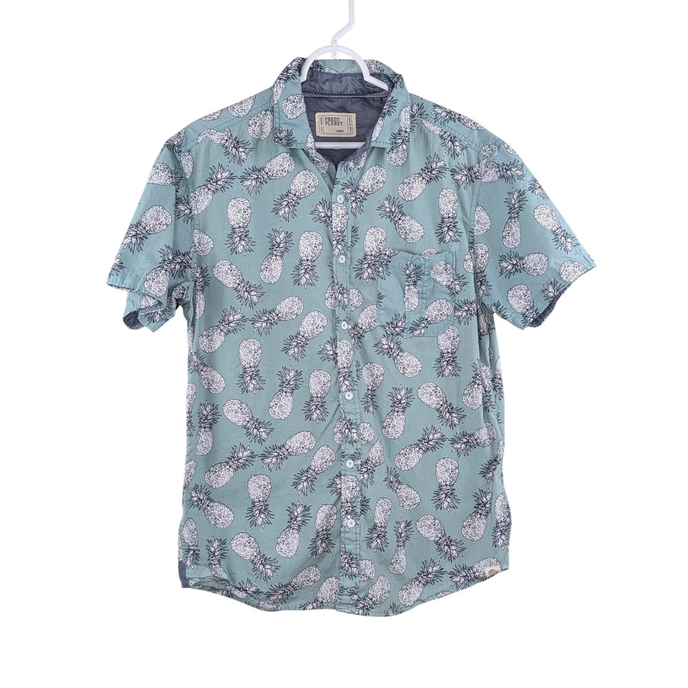 Free Planet Button Down Short Sleeved Shirt Mens‎ L Pineapple Tropical Coastal